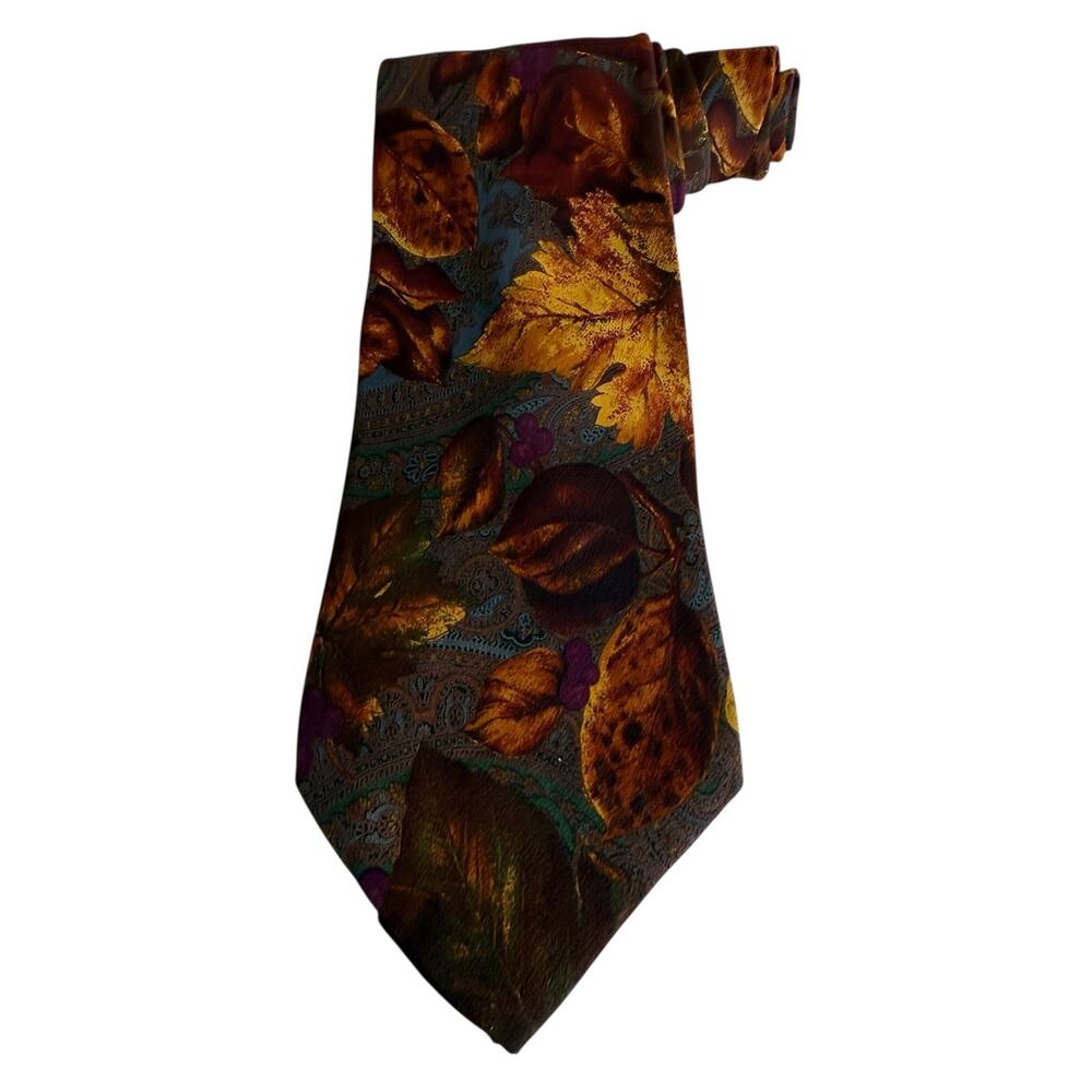 Vintage Italian Silk Tie Moody Rust Leaf & Paisley Print
